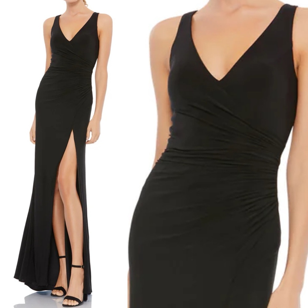 IEENA MAC DUGGAL RUCHED STRETCH JERSEY V-NECK GOWN SIZE 12 NEW BLACK